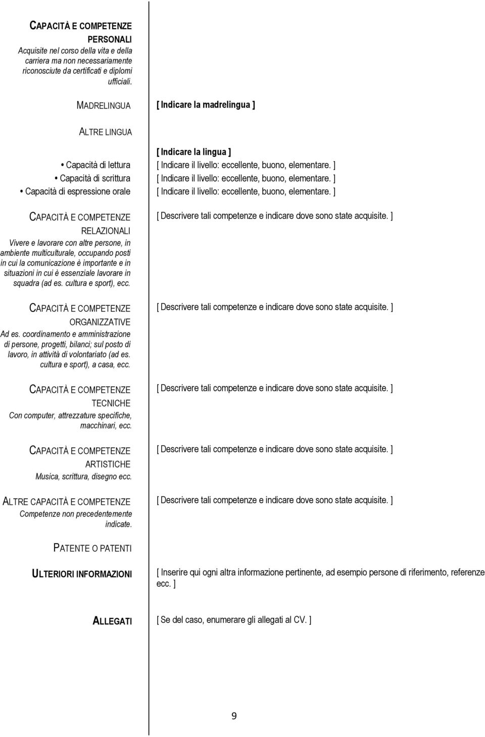 ] Capacità di scrittura [ Indicare il livello: eccellente, buono, elementare. ] Capacità di espressione orale [ Indicare il livello: eccellente, buono, elementare.