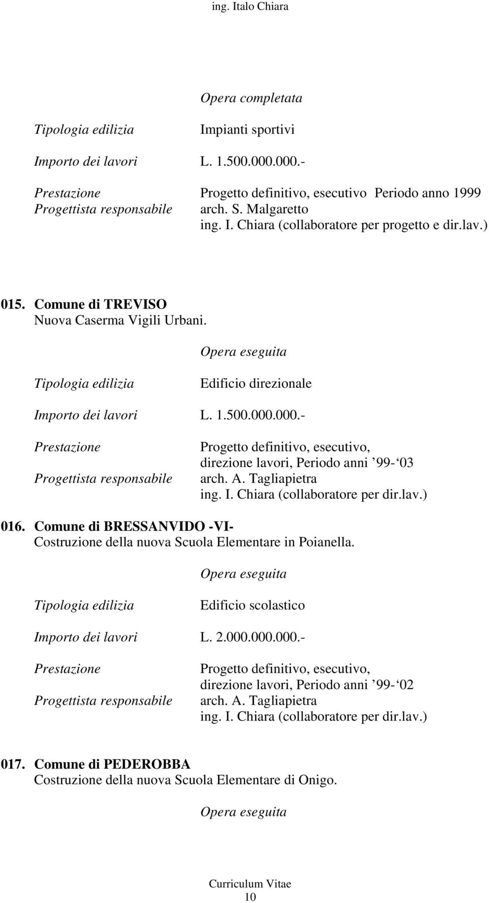 Tagliapietra ing. I. Chiara (collaboratore per dir.lav.) 016. Comune di BRESSANVIDO -VI- Costruzione della nuova Scuola Elementare in Poianella. Edificio scolastico Importo dei lavori L. 2.000.