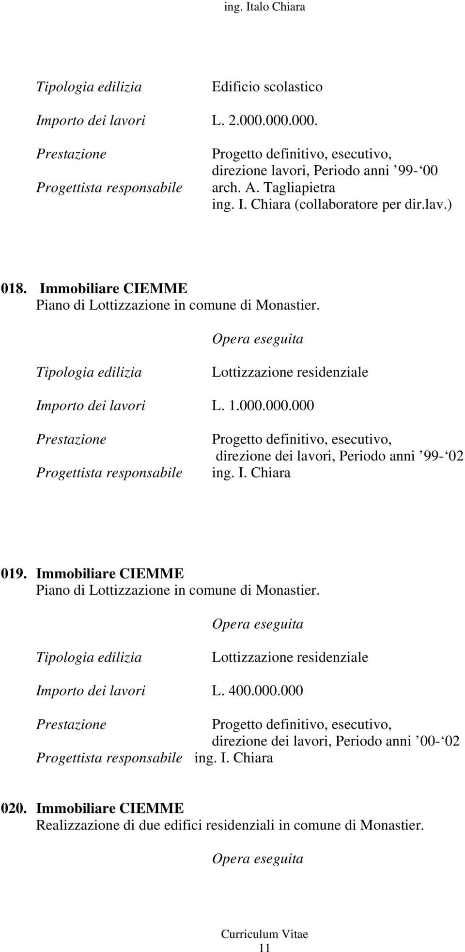 000.000 Progettista responsabile direzione dei lavori, Periodo anni 99-02 ing. I. Chiara 019. Immobiliare CIEMME Piano di Lottizzazione in comune di Monastier.