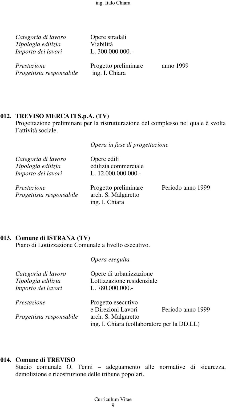 000.000.- Progetto preliminare Periodo anno 1999 Progettista responsabile arch. S. Malgaretto ing. I. Chiara 013. Comune di ISTRANA (TV) Piano di Lottizzazione Comunale a livello esecutivo.