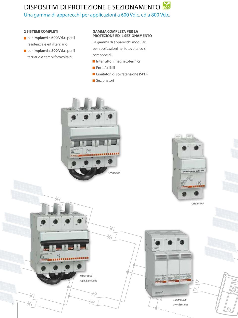 GAMMA COMPLETA PER LA PROTEZIONE ED IL SEZIONAMENTO La gamma di apparecchi modulari per applicazioni nel fotovoltaico si compone di: