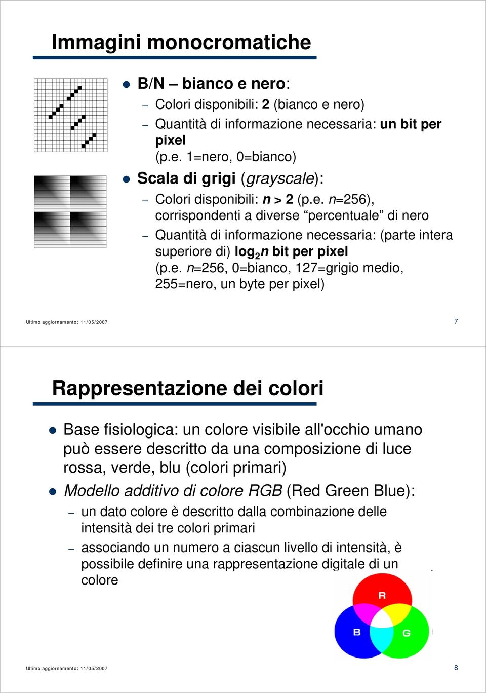byte per pixel) 7 Rappresentazione dei colori Base fisiologica: un colore visibile all'occhio umano può essere descritto da una composizione di luce rossa, verde, blu (colori primari) Modello