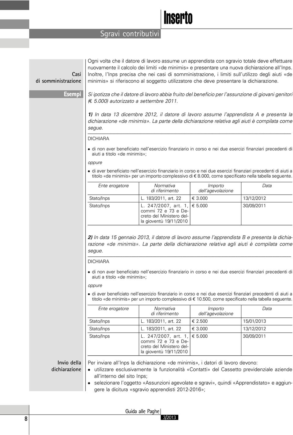 Inoltre, l Inps precisa che nei casi di somministrazione, i limiti sull utilizzo degli aiuti «de minimis» si riferiscono al soggetto utilizzatore che deve presentare la dichiarazione.