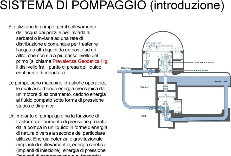 Le pompe sono macchine idrauliche operatrici, le quali assorbendo energia meccanica da un motore di azionamento, cedono energia al fluido pompato sotto forma di pressione statica e dinamica.