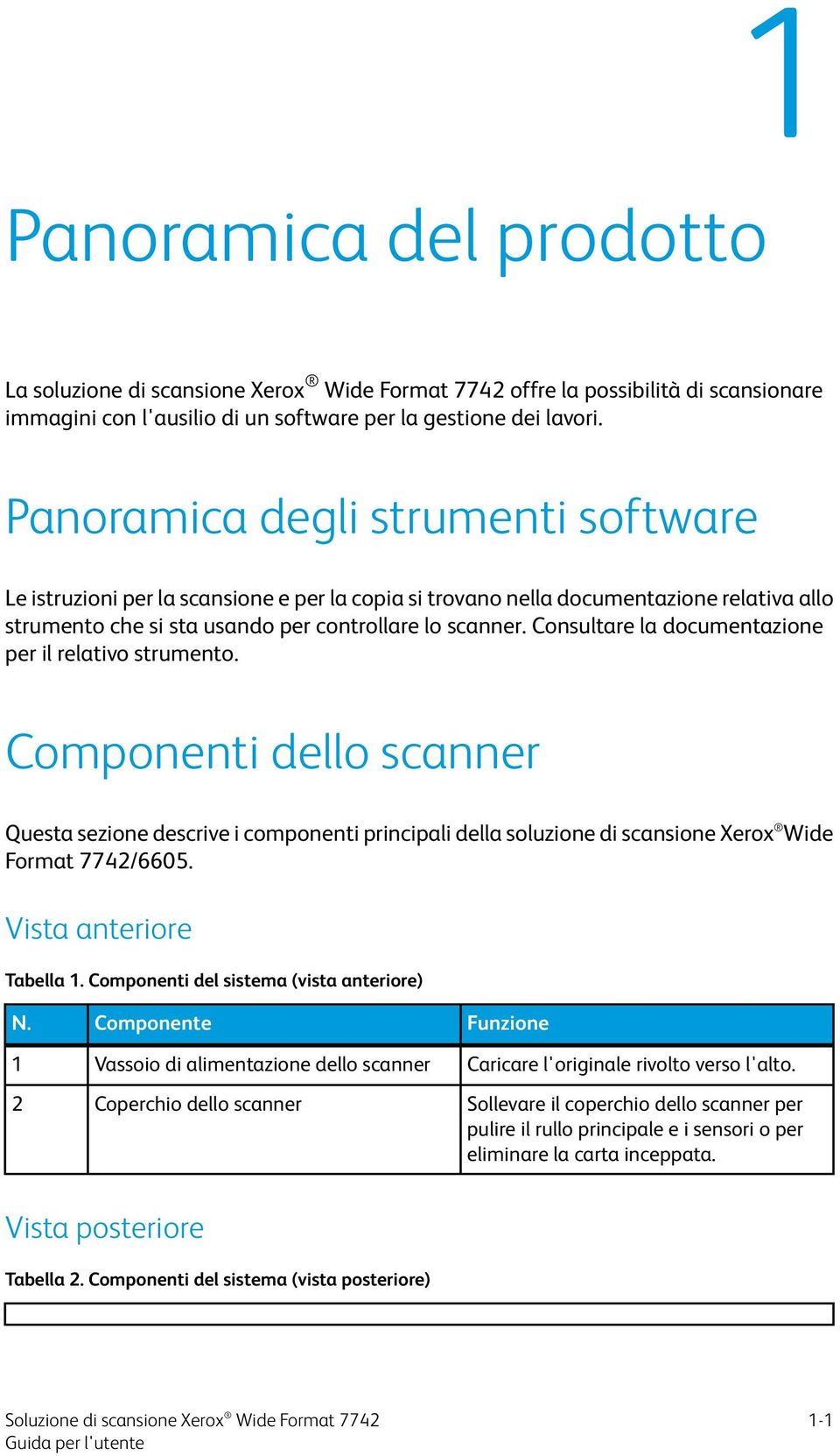 Consultare la documentazione per il relativo strumento. Componenti dello scanner Questa sezione descrive i componenti principali della soluzione di scansione Xerox Wide Format 7742/6605.