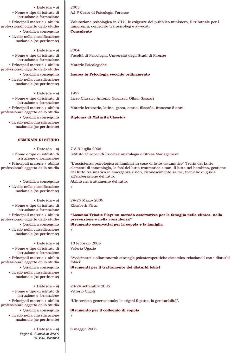 Psicologia, Università degli Studi di Firenze Materie Psicologiche Laurea in Psicologia vecchio ordinamento 1997 Liceo Classico Antonio Gramsci, Olbia, Sassari Materie letterarie, latino, greco,