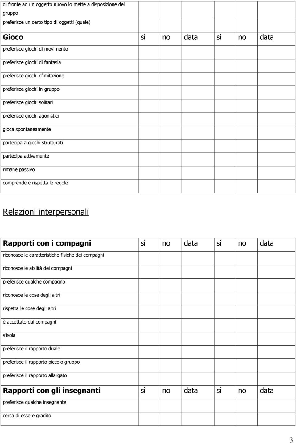 passivo comprende e rispetta le regole Relazioni interpersonali Rapporti con i compagni sì no data sì no data riconosce le caratteristiche fisiche dei compagni riconosce le abilità dei compagni