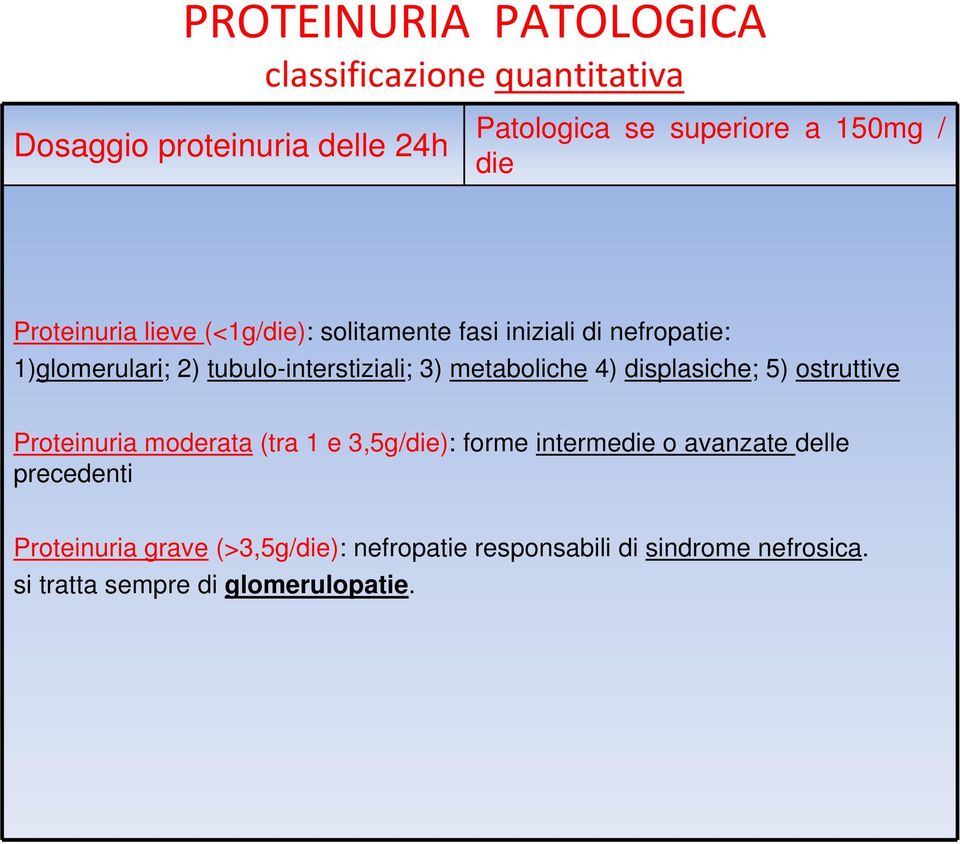 metaboliche 4) displasiche; 5) ostruttive Proteinuria moderata (tra 1 e 3,5g/die): forme intermedie o avanzate delle