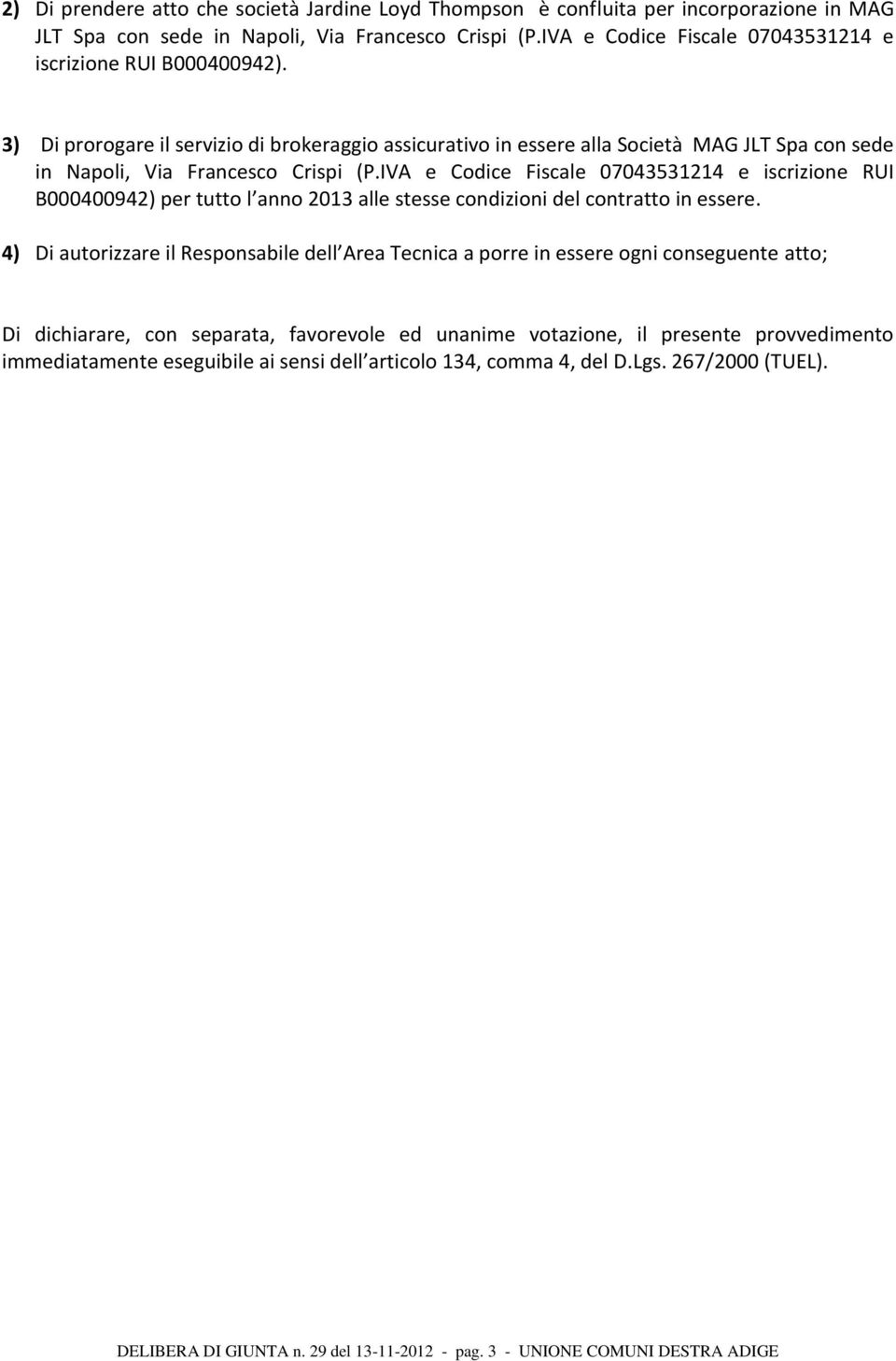 IVA e Codice Fiscale 07043531214 e iscrizione RUI B000400942) per tutto l anno 2013 alle stesse condizioni del contratto in essere.