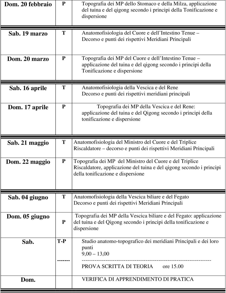 20 marzo P Topografia dei MP del Cuore e dell Intestino Tenue applicazione del tuina e del qigong secondo i principi della Tonificazione e dispersione Sab.