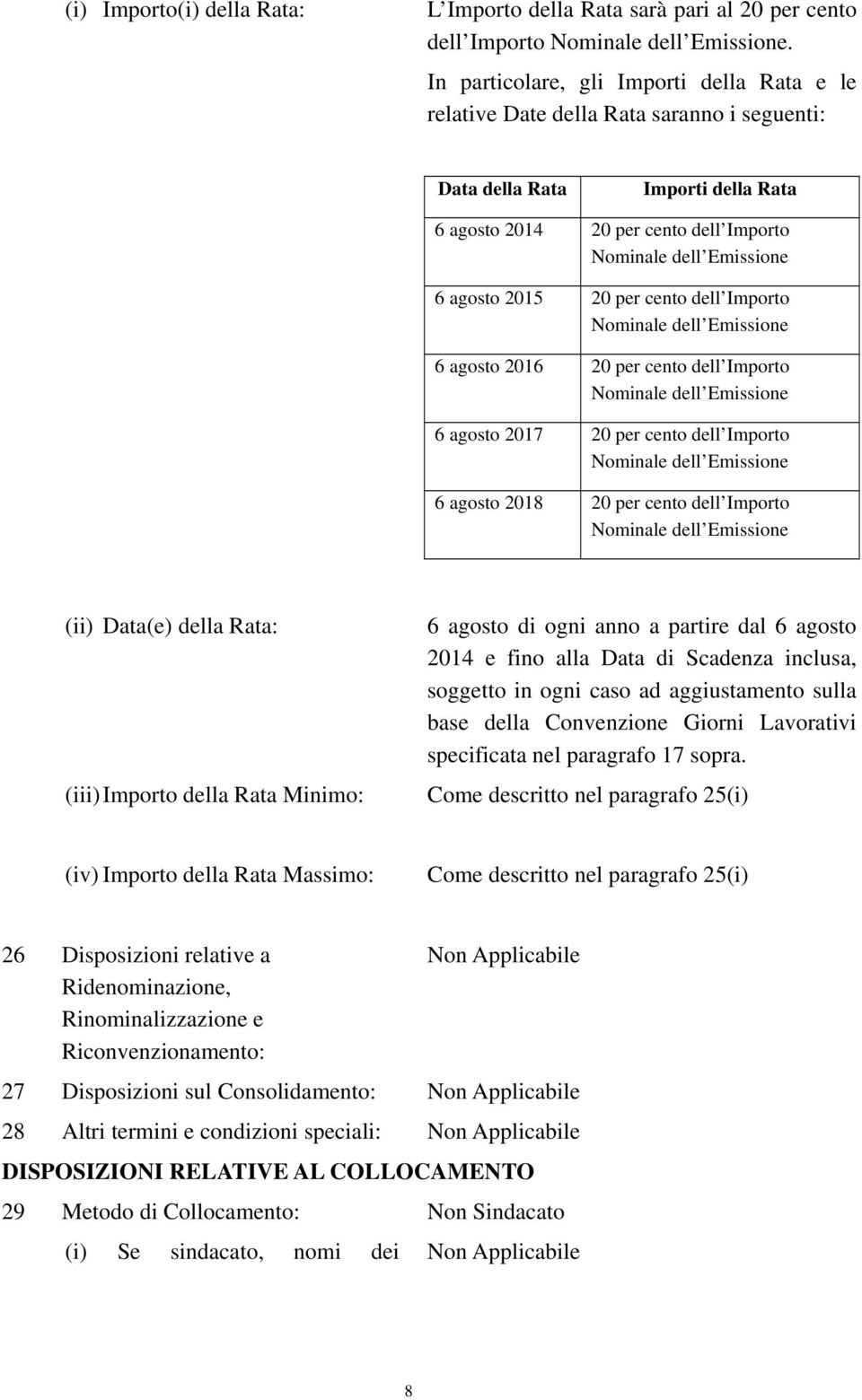 2015 20 per cento dell Importo Nominale dell Emissione 6 agosto 2016 20 per cento dell Importo Nominale dell Emissione 6 agosto 2017 20 per cento dell Importo Nominale dell Emissione 6 agosto 2018 20