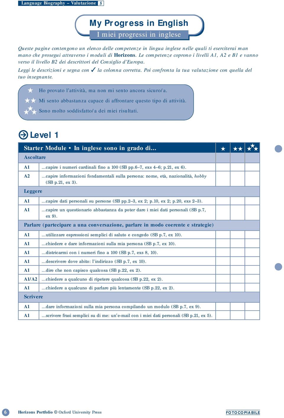 Poi confronta la tua valutazione con quella del tuo insegnante. Level 1 Starter Module In inglese sono in grado di......capire i numeri cardinali fino a 100 (SB pp.6 7, exs 4 6; p.21, ex 6).