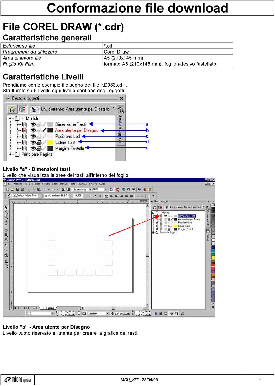 il disegno del file KD983.cdr. Strutturato su 5 livelli, ogni livello contiene degli oggetti: *.