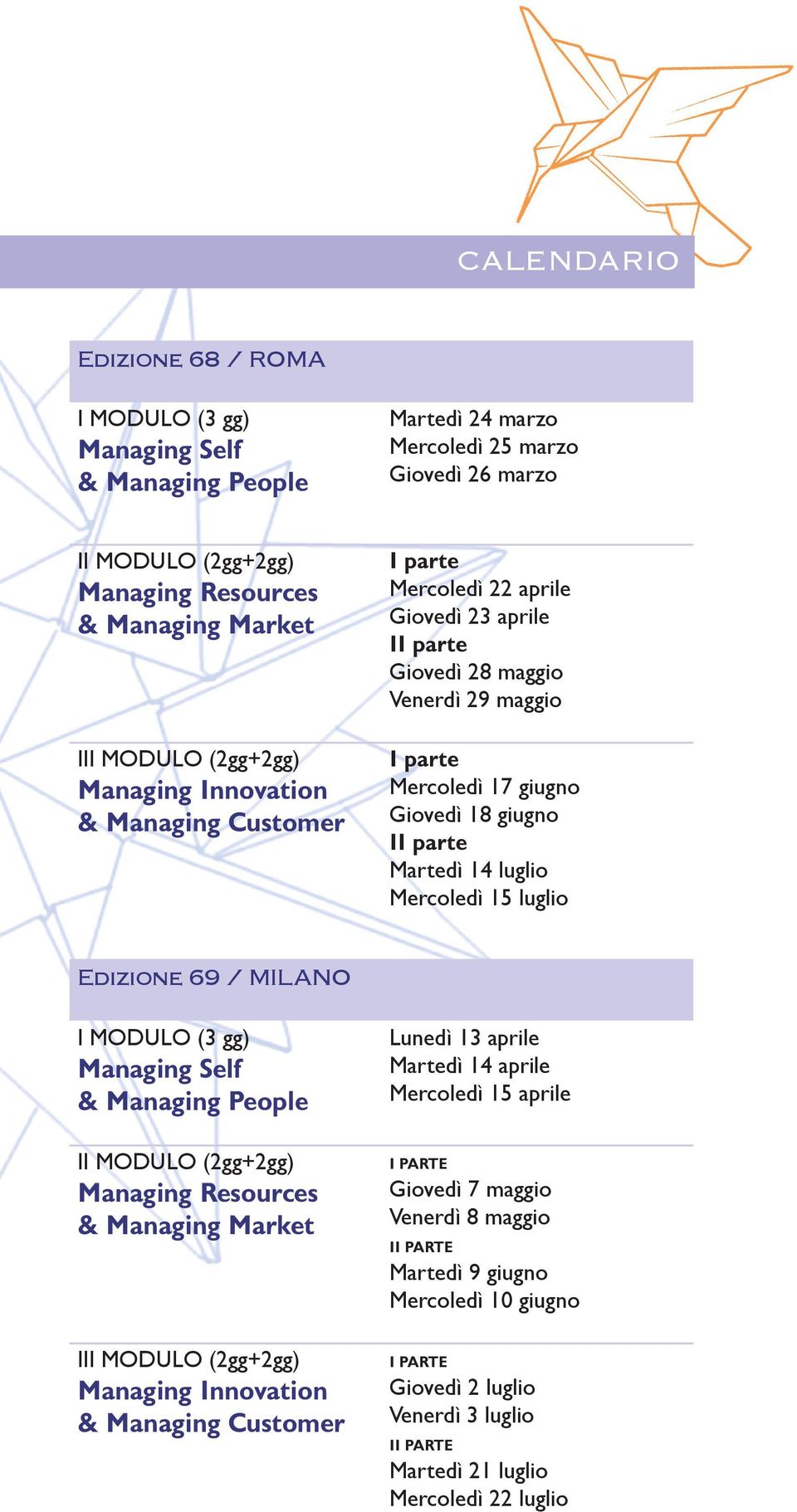 Martedì 14 luglio Mercoledì 15 luglio Edizione 69 / MILANO I MODULO (3 gg) Managing Self & Managing People II MODULO (2gg+2gg) Managing Resources & Managing Market III MODULO (2gg+2gg) Managing