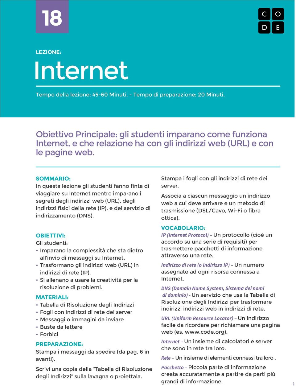 SOMMARIO: In questa lezione gli studenti fanno finta di viaggiare su Internet mentre imparano i segreti degli indirizzi web (URL), degli indirizzi fisici della rete (IP), e del servizio di