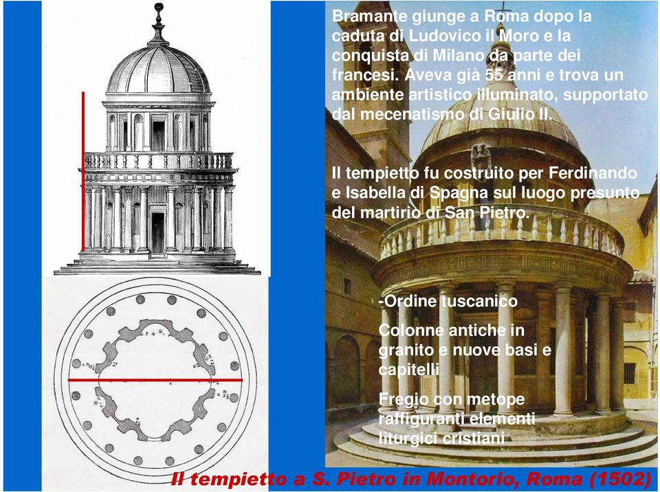 Il tempietto fu costruito per Ferdinando e Isabella di Spagna sul luogo presunto del martirio di San Pietro.