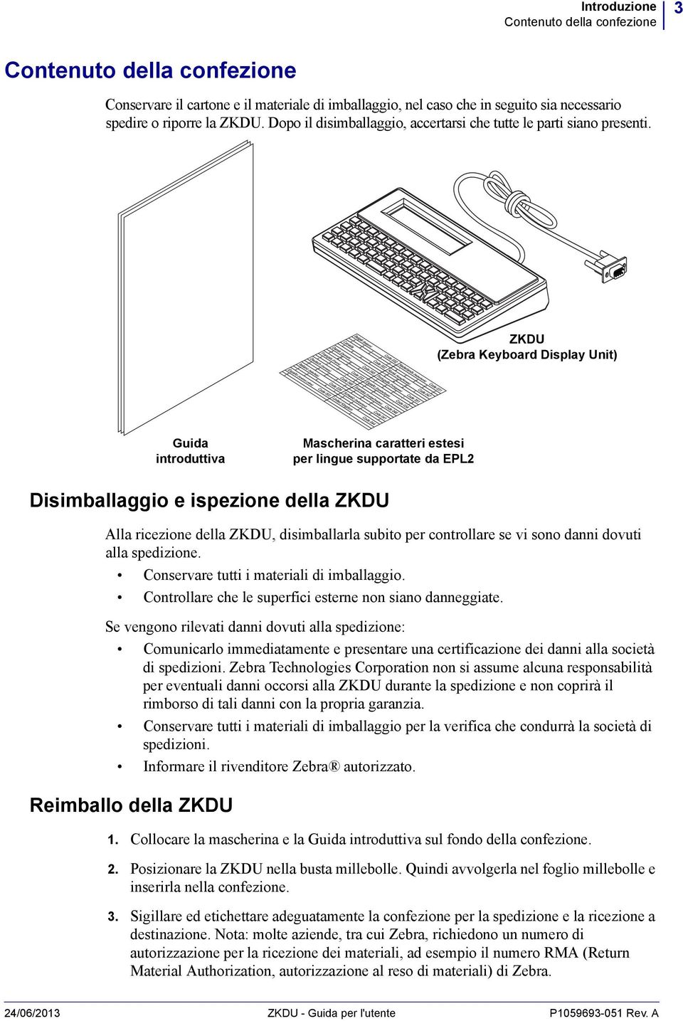 ZKDU (Zebra Keyboard Display Unit) Guida introduttiva Mascherina caratteri estesi per lingue supportate da EPL2 Disimballaggio e ispezione della ZKDU Alla ricezione della ZKDU, disimballarla subito
