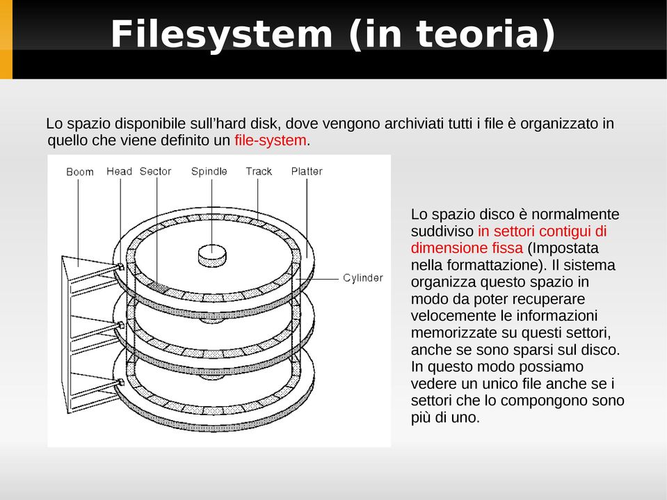 Lo spazio disco è normalmente suddiviso in settori contigui di dimensione fissa (Impostata nella formattazione).