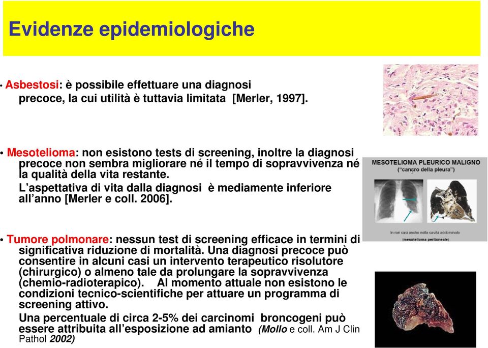 L aspettativa di vita dalla diagnosi è mediamente inferiore all anno [Merler e coll. 2006]. Tumore polmonare: nessun test di screening efficace in termini di significativa riduzione di mortalità.