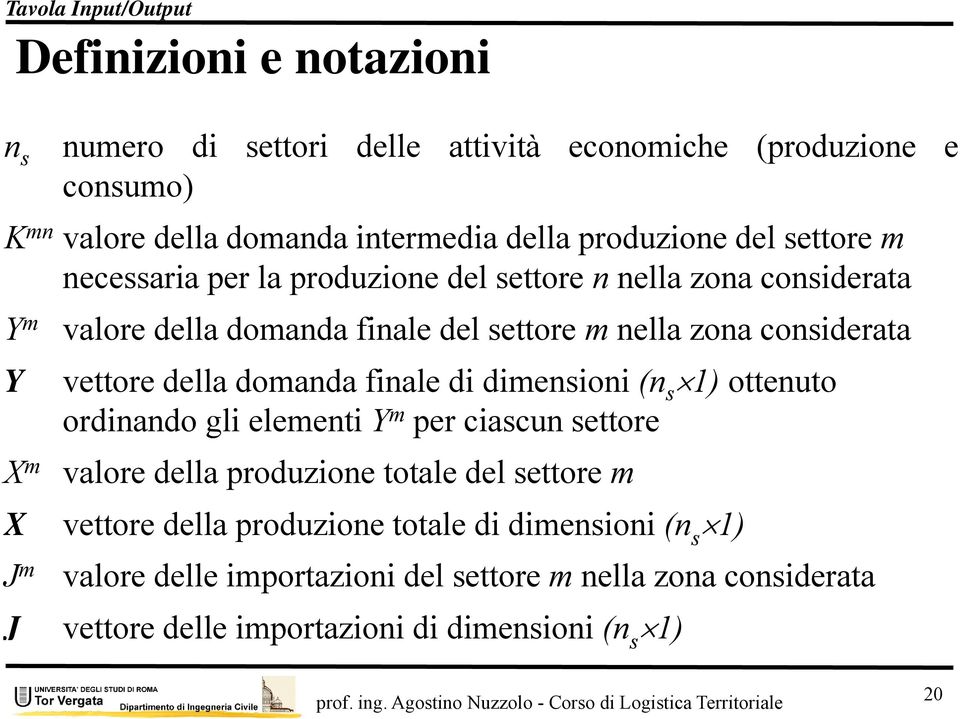 della domanda finale di dimensioni (n s 1) ottenuto ordinando gli elementi Y m per ciascun settore valore della produzione totale del settore m X vettore