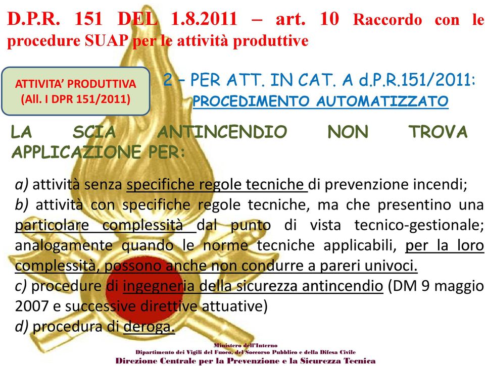 incendi; b) attività con specifiche regole tecniche, ma che presentino una particolare complessità dal punto di vista tecnico-gestionale;