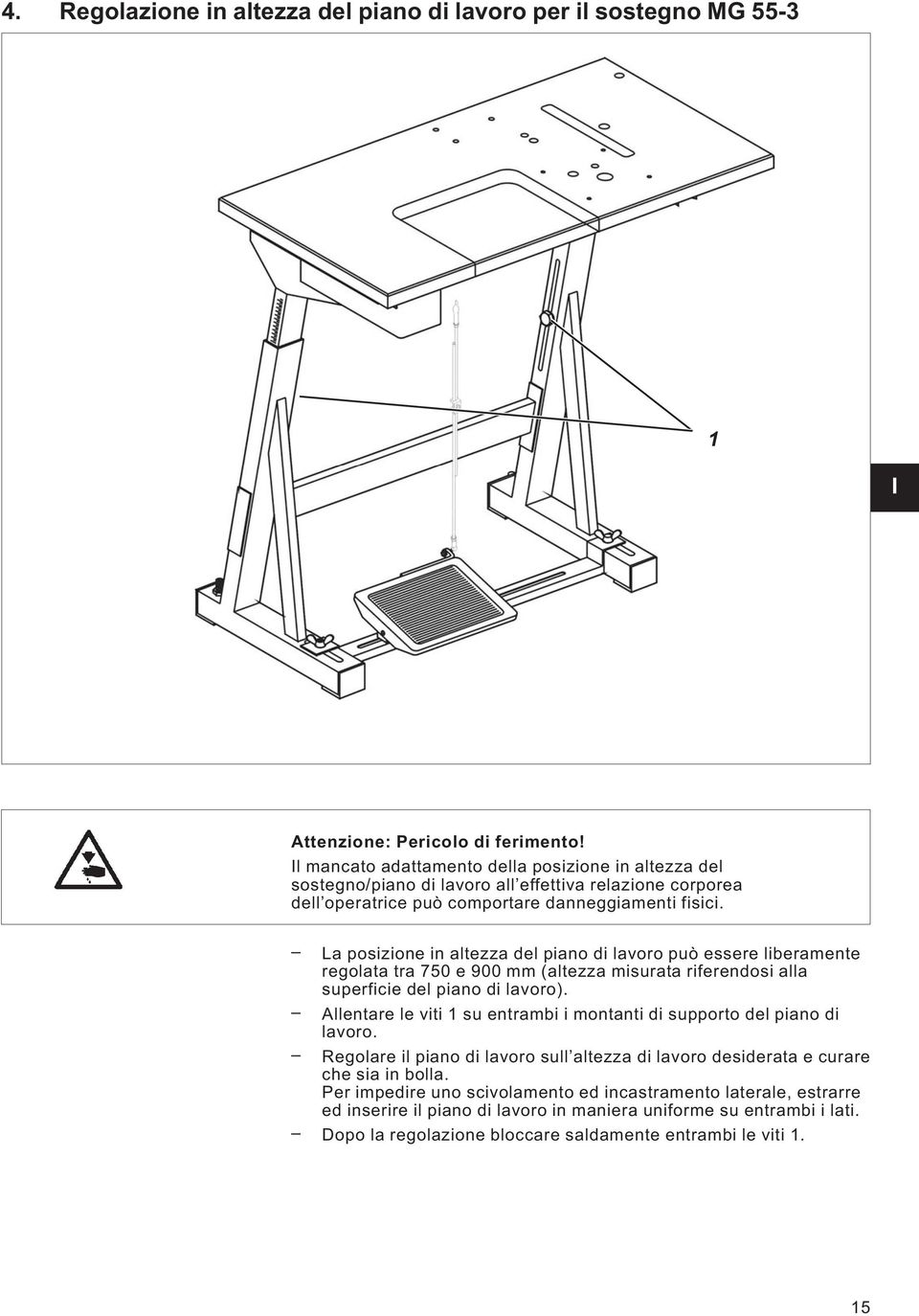 La posizione in altezza del piano di lavoro può essere liberamente regolata tra 750 e 900 mm (altezza misurata riferendosi alla superficie del piano di lavoro).