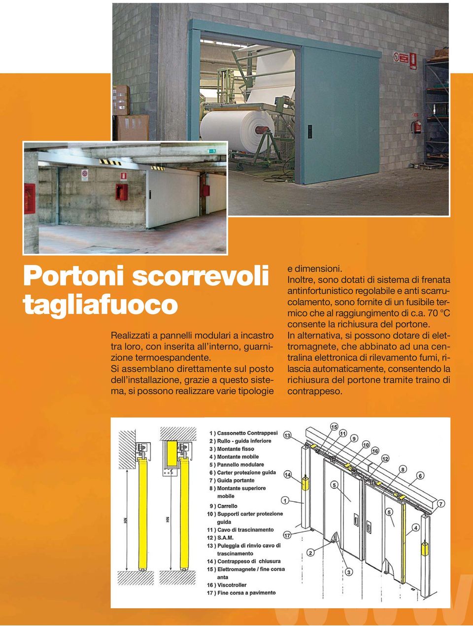 Inoltre, sono dotati di sistema di frenata antinfortunistico regolabile e anti scarrucolamento, sono fornite di un fusibile termico che al raggiungimento di c.a. 70 C consente la richiusura del portone.