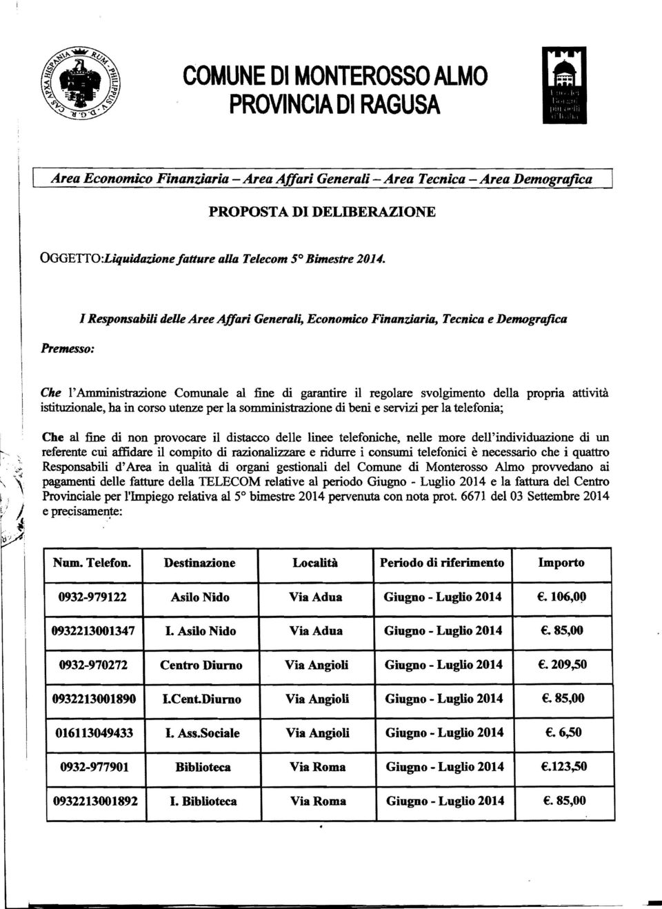 Premesso: I Responsabili deue ATeeAffari Generali, Economico Finanziaria, Tecnica e DenwgraflCa Che l'amministrazione Comunale al :fine di garantire il regolare svolgimento della propria attività