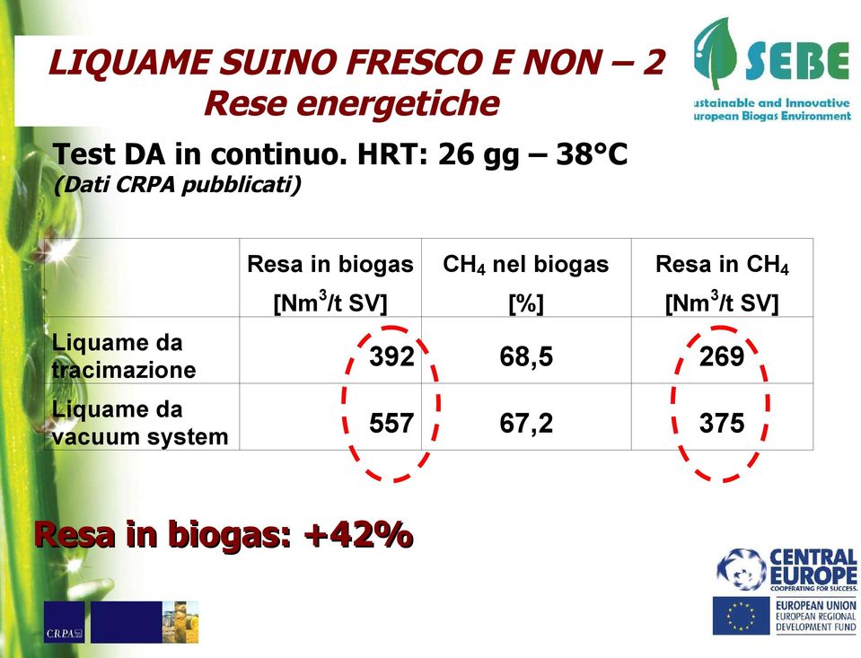 Liquame da vacuum system Resa in biogas CH 4 nel biogas Resa in CH 4