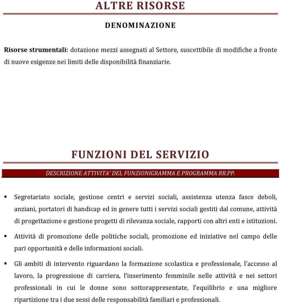 Segretariato sociale, gestione centri e servizi sociali, assistenza utenza fasce deboli, anziani, portatori di handicap ed in genere tutti i servizi sociali gestiti dal comune, attività di