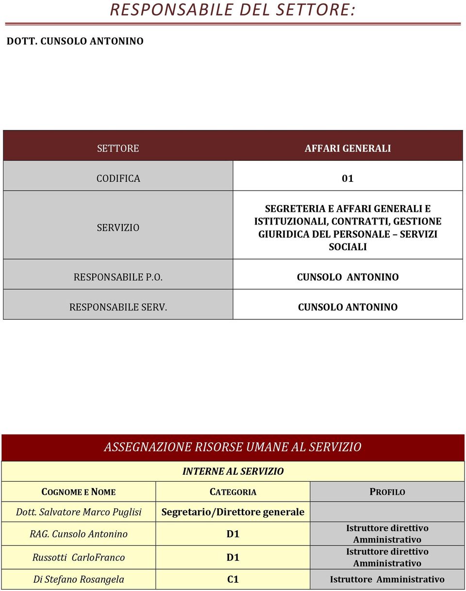 CUNSOLO ANTONINO CUNSOLO ANTONINO ASSEGNAZIONE RISORSE UMANE AL SERVIZIO INTERNE AL SERVIZIO COGNOME E NOME CATEGORIA PROFILO Dott.