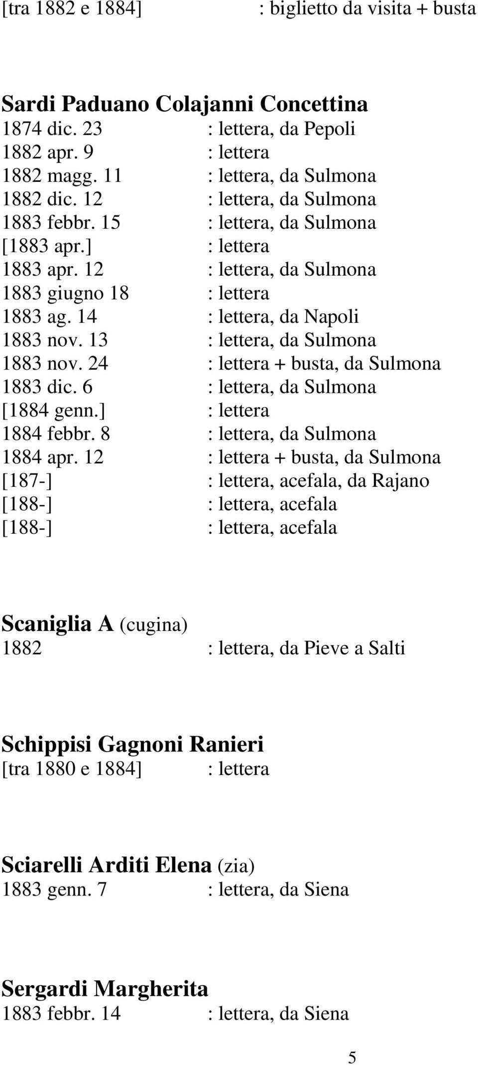 13 : lettera, da Sulmona 1883 nov. 24 : lettera + busta, da Sulmona 1883 dic. 6 : lettera, da Sulmona [1884 genn.] : lettera 1884 febbr. 8 : lettera, da Sulmona 1884 apr.