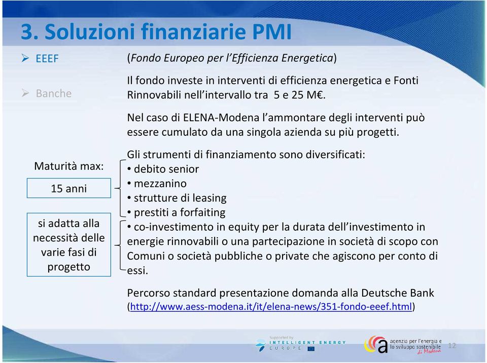 Maturità max: 15 anni si adatta alla necessitàdelle varie fasi di progetto Gli strumenti di finanziamento sono diversificati: debito senior mezzanino strutture di leasing prestiti a forfaiting