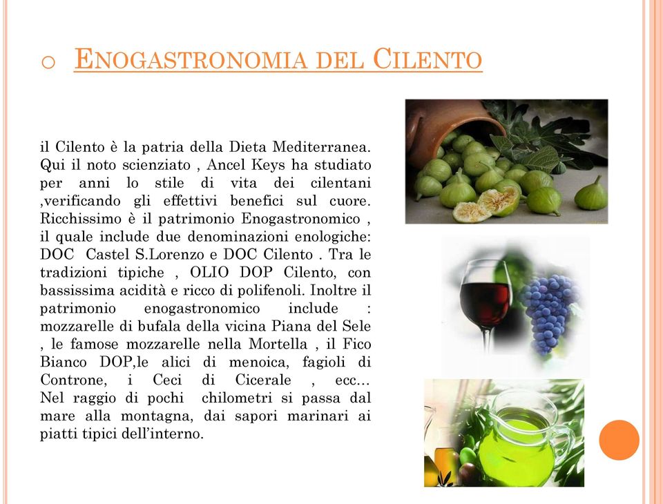 Ricchissimo è il patrimonio Enogastronomico, il quale include due denominazioni enologiche: DOC Castel S.Lorenzo e DOC Cilento.