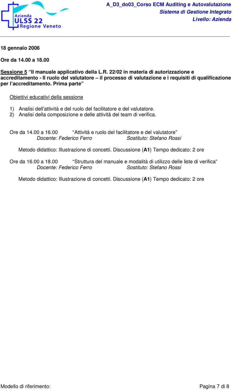 Prima parte 1) Analisi dell attività e del ruolo del facilitatore e del valutatore. 2) Analisi della composizione e delle attività del team di verifica. Ore da 14.00 a 16.