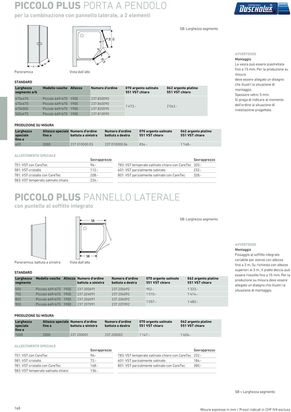 Per la produzione su misura deve essere allegato un disegno che illustri la situazione di montaggio. Spessore vetro: 5 mm.