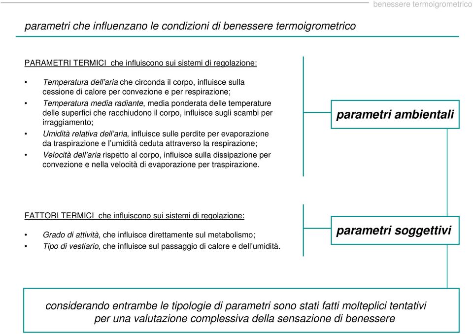 Umidità relativa dell aria, influisce sulle perdite per evaporazione da traspirazione e l umidità ceduta attraverso la respirazione; Velocità dell aria rispetto al corpo, influisce sulla dissipazione