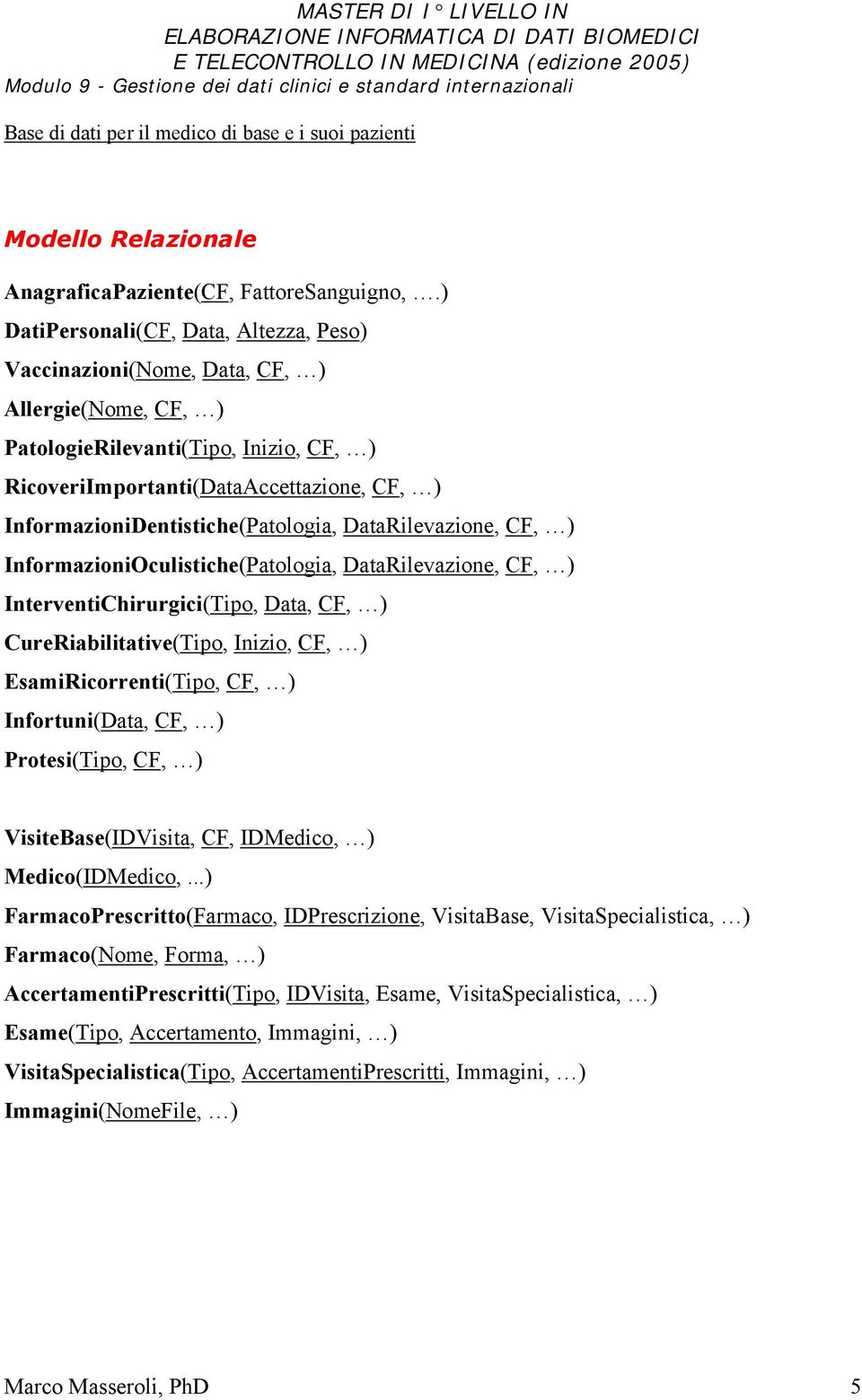 InformazioniDentistiche(Patologia, DataRilevazione, CF, ) InformazioniOculistiche(Patologia, DataRilevazione, CF, ) InterventiChirurgici(Tipo, Data, CF, ) CureRiabilitative(Tipo, Inizio, CF, )