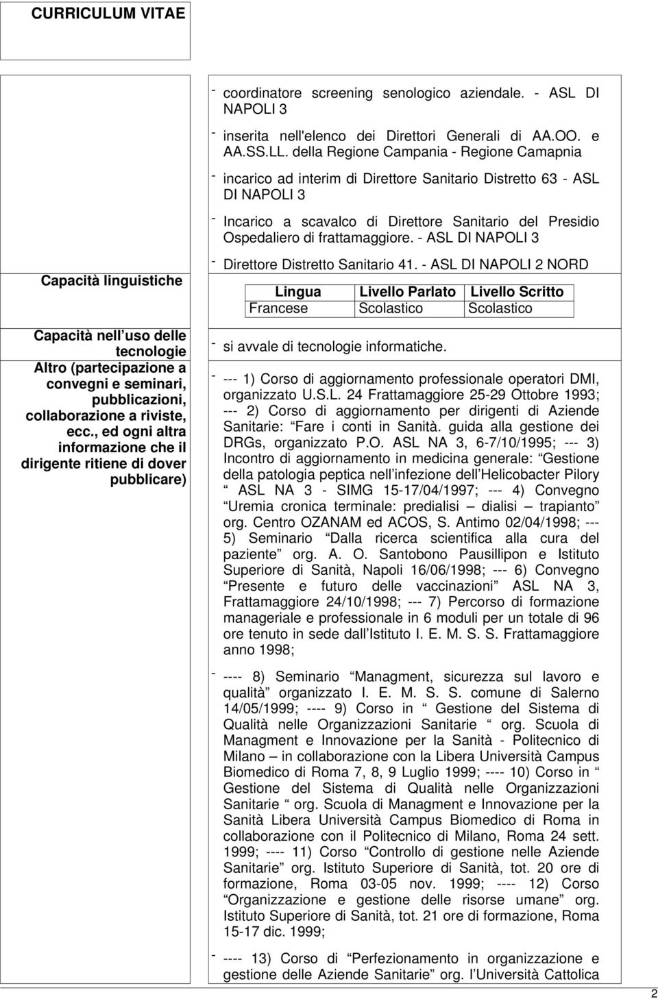 frattamaggiore. - ASL DI NAPOLI 3 Capacità linguistiche Capacità nell uso delle tecnologie Altro (partecipazione a convegni e seminari, pubblicazioni, collaborazione a riviste, ecc.