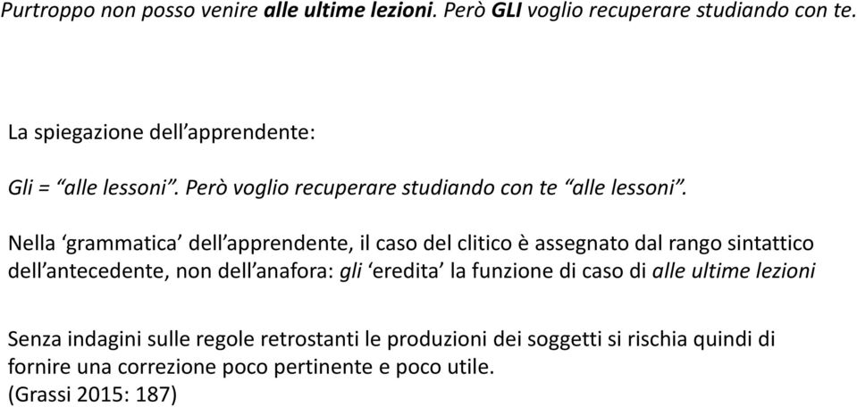 Nella grammatica dell apprendente, il caso del clitico è assegnato dal rango sintattico dell antecedente, non dell anafora: gli