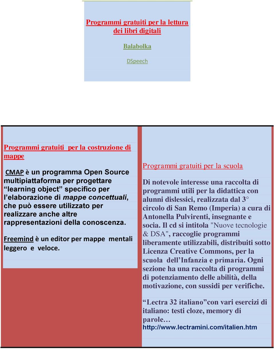 Programmi gratuiti per la scuola Di notevole interesse una raccolta di programmi utili per la didattica con alunni dislessici, realizzata dal 3 circolo di San Remo (Imperia) a cura di Antonella