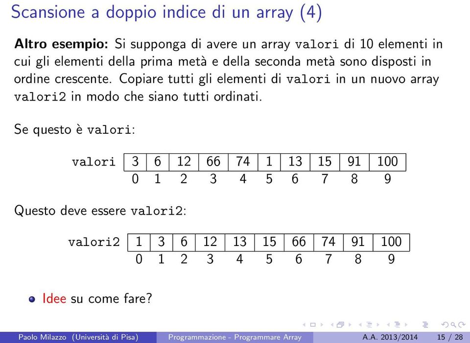 Copiare tutti gli elementi di valori in un nuovo array valori2 in modo che siano tutti ordinati.