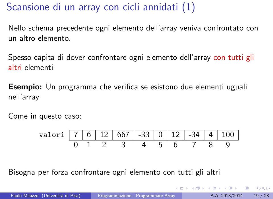 Spesso capita di dover confrontare ogni elemento dell array con tutti gli altri elementi Esempio: Un programma che verifica se