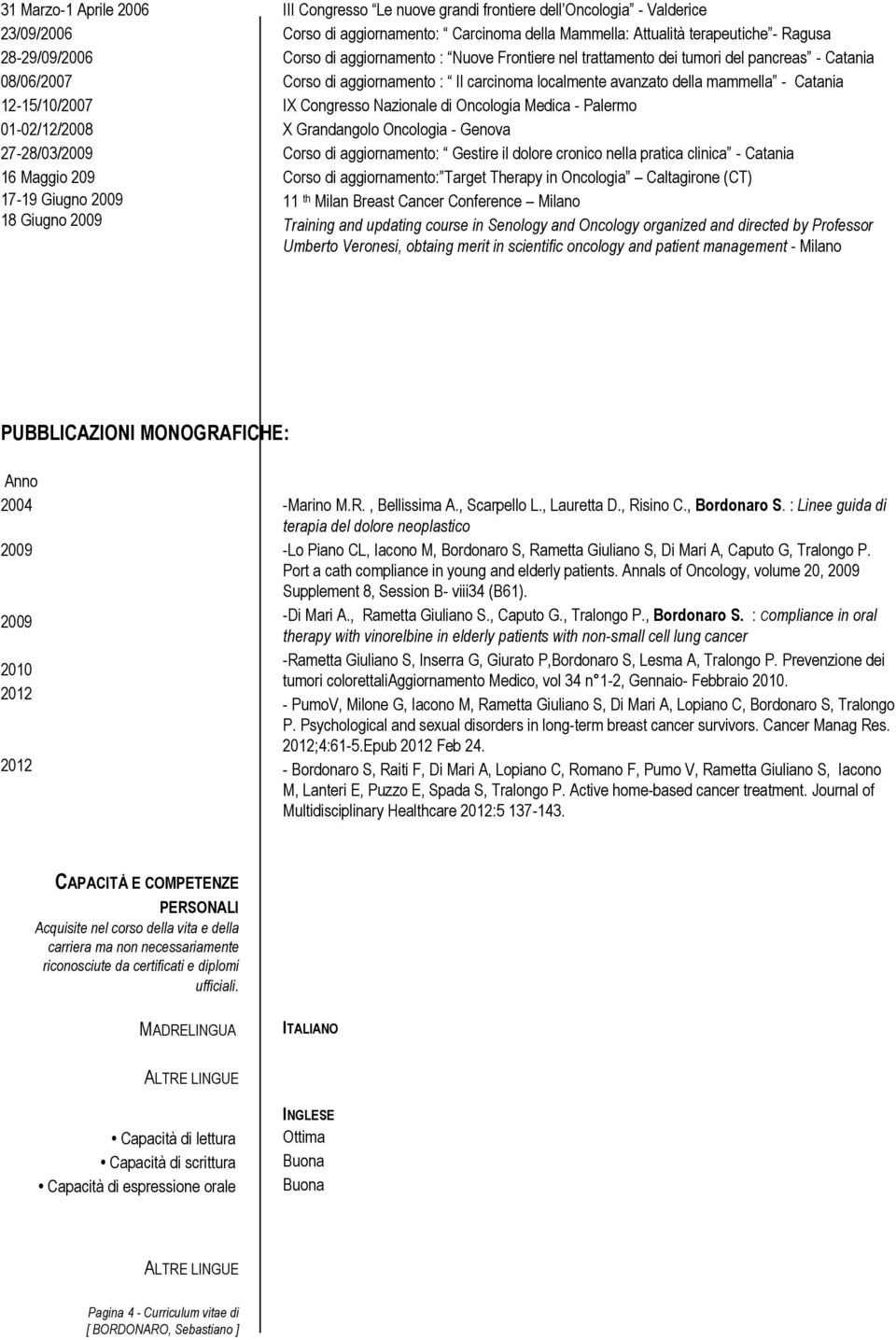 IX Congresso Nazionale di Oncologia Medica - Palermo 01-02/12/2008 X Grandangolo Oncologia - Genova 27-28/03/2009 Corso di aggiornamento: Gestire il dolore cronico nella pratica clinica - Catania 16