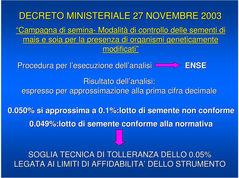 espresso per approssimazione alla prima cifra decimale 0.050% si approssima a 0.%:lotto di semente non conforme 0.