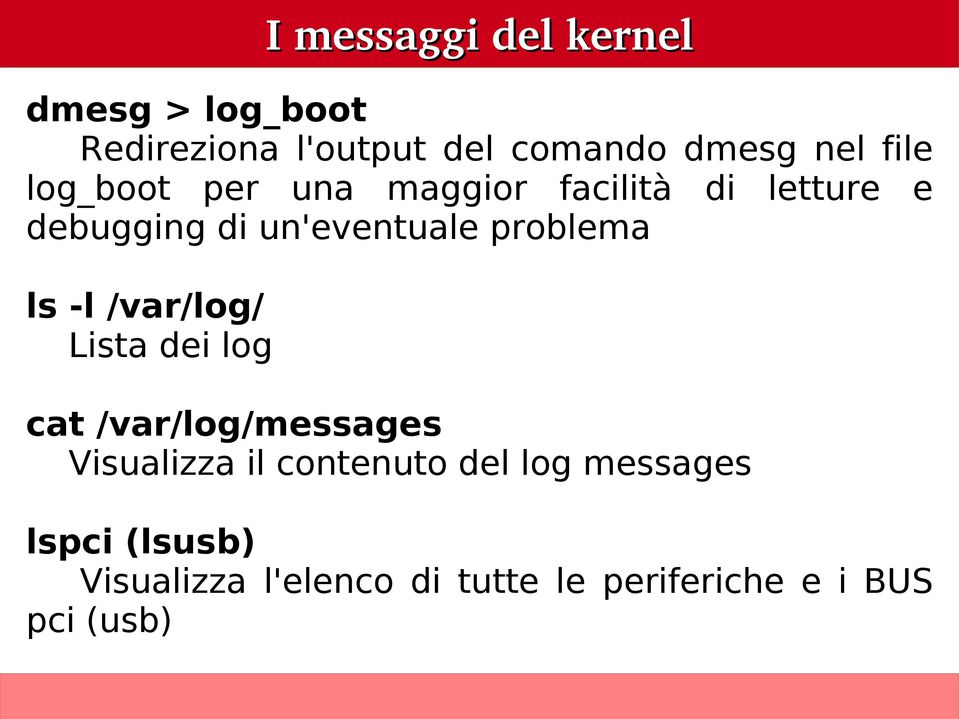 Lista dei log I messaggi del kernel cat /var/log/messages Visualizza il contenuto