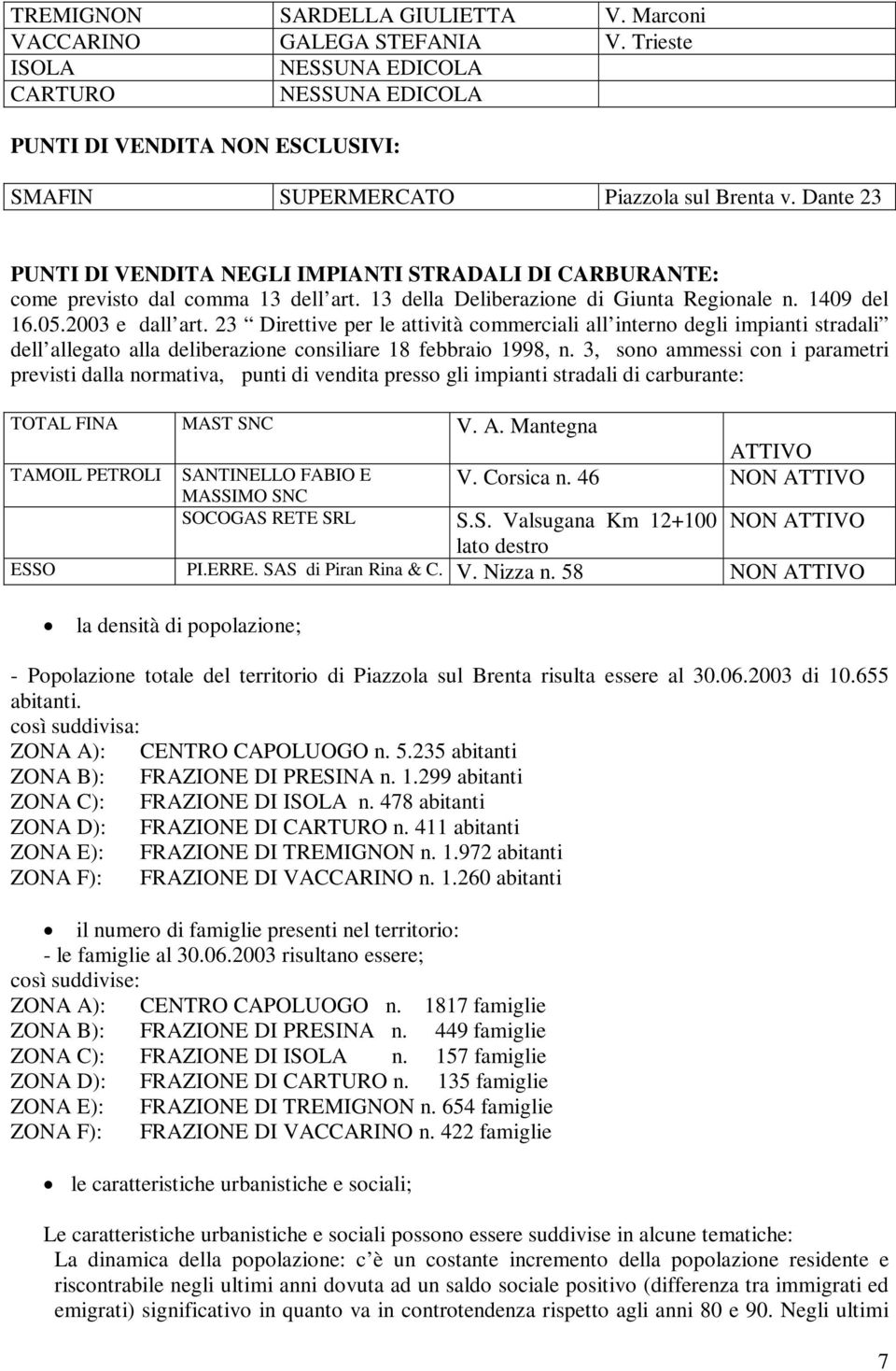 23 Direttive per le attività commerciali all interno degli impianti stradali dell allegato alla deliberazione consiliare 18 febbraio 1998, n.