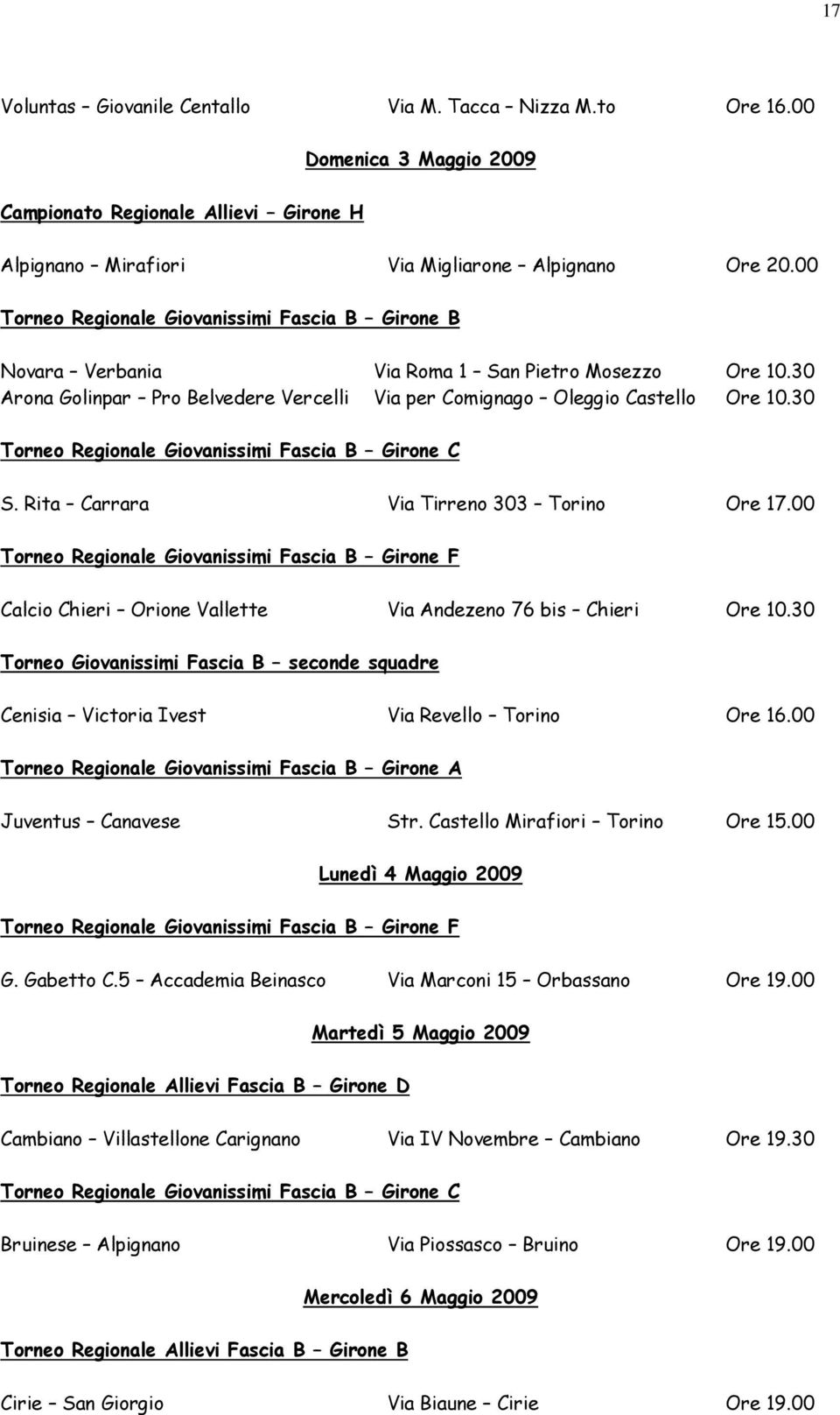 30 Torneo Regionale Giovanissimi Fascia B Girone C S. Rita Carrara Via Tirreno 303 Torino Ore 17.