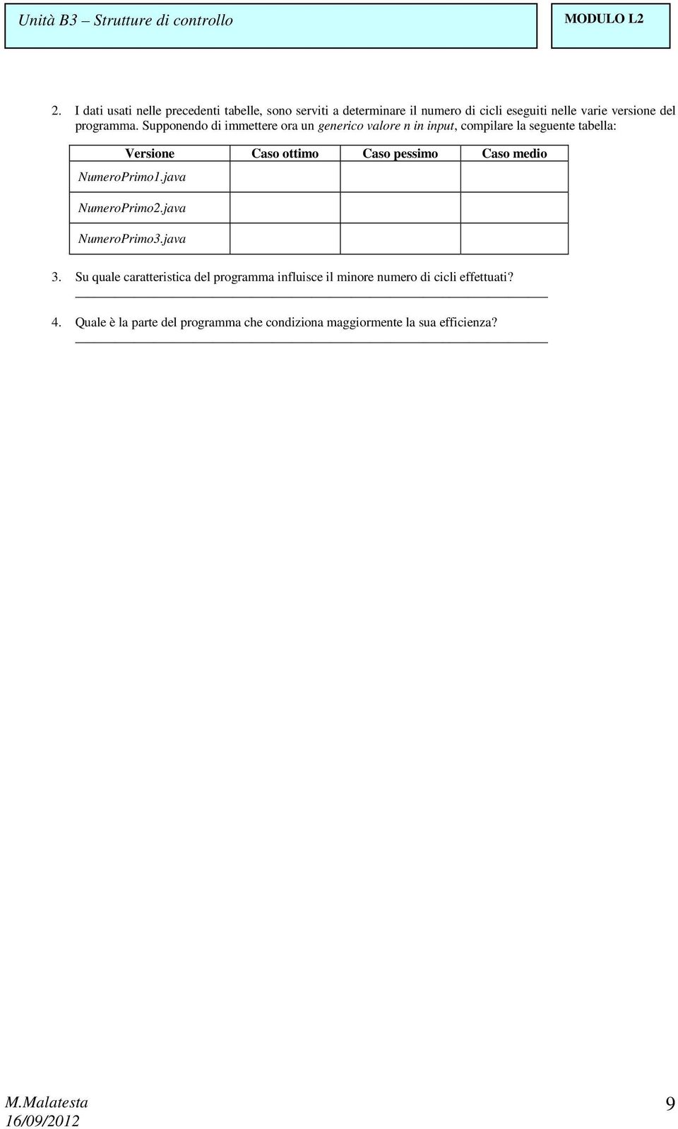 Supponendo di immettere ora un generico valore n in input, compilare la seguente tabella: Versione Caso ottimo Caso pessimo