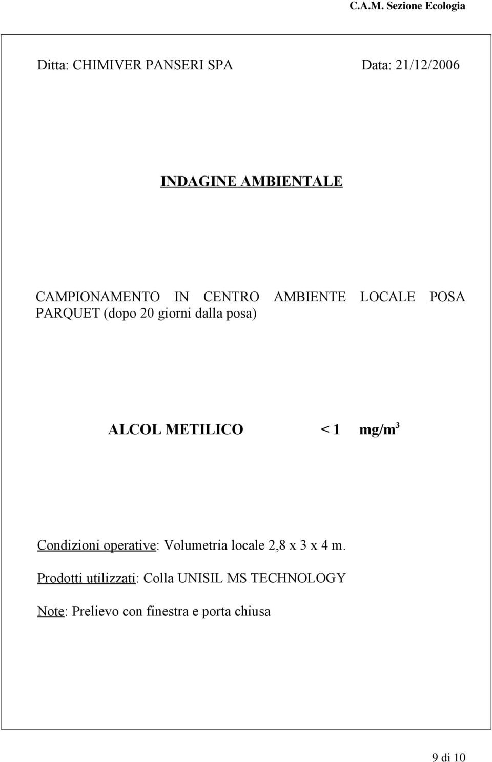 1 mg/m 3 Condizioni operative: Volumetria locale 2,8 x 3 x 4 m.